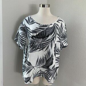 Tahari Womens Plus 2X Palm Print Tropical 100% Linen Shirt Short Sleeve Top